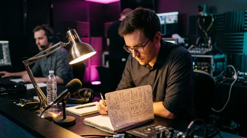 Cabina de analistas de Dota 2 estudiando la fase de picks y bans con anotaciones durante un torneo profesional