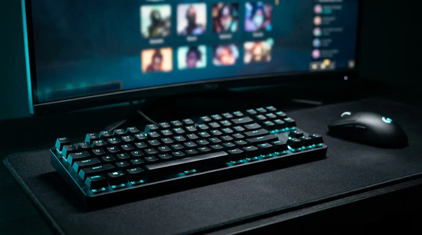 Primer plano de un teclado y ratón en una partida profesional de Dota 2 durante la fase de draft