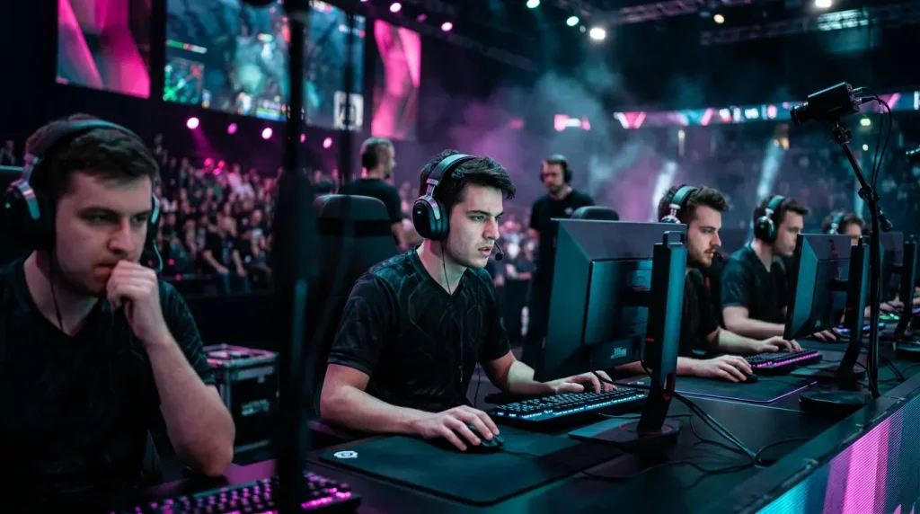 Jugadores profesionales de Dota 2 concentrados en sus ordenadores durante un partido en directo en arena competitiva