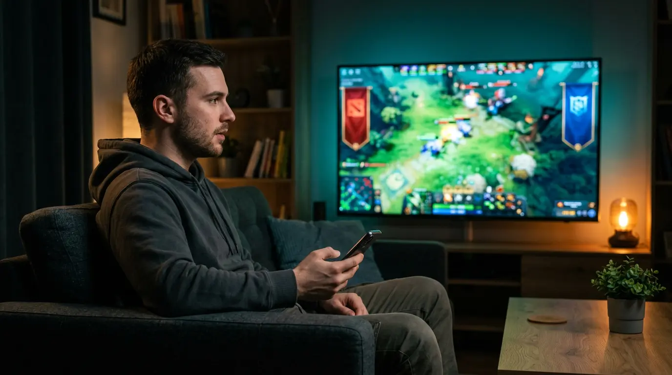 Apostador siguiendo una partida de Dota 2 en directo en una pantalla grande