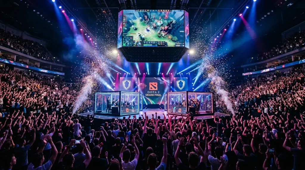 Vista panorámica de arena de esports durante la gran final de un torneo profesional de Dota 2