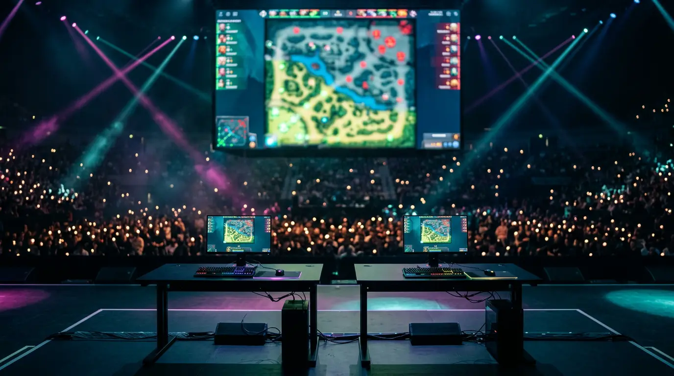 Arena de esports iluminada durante un partido profesional de Dota 2
