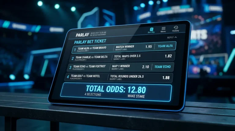 Pantalla de un boleto combinado de apuestas esports con varias selecciones y cuota total acumulada