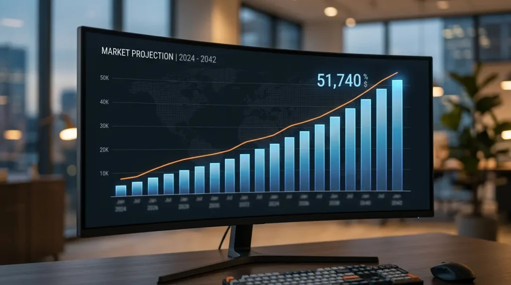 Gráfico ascendente de proyección del mercado global de apuestas de esports con barras crecientes y línea de tendencia en una pantalla curva