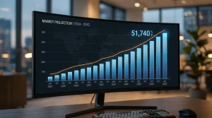 Gráfico ascendente de proyección del mercado global de apuestas de esports con barras crecientes y línea de tendencia en una pantalla curva