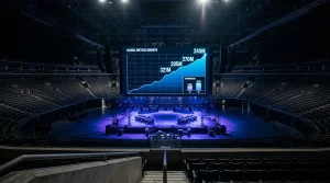 Gran pantalla en un arena esports mostrando un gráfico de audiencia acumulada en millones de horas vistas sobre un auditorio vacío