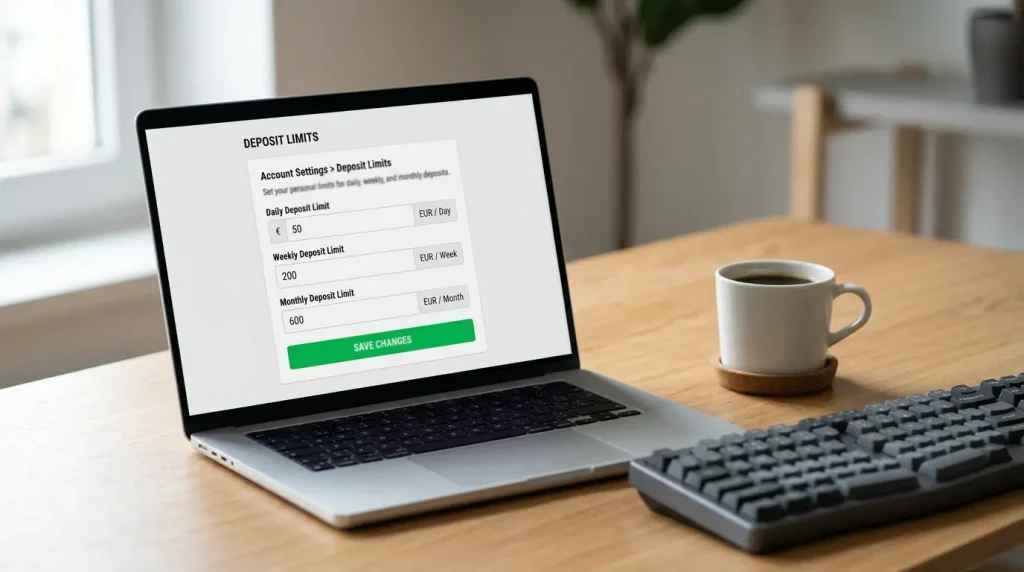 Pantalla de un ordenador portátil con un panel de configuración de límites de depósito y pérdida en una cuenta de apuestas