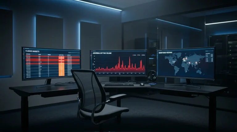 Sala de control de integridad competitiva con monitores mostrando gráficos de volumen de apuestas y alertas de mercado sospechoso