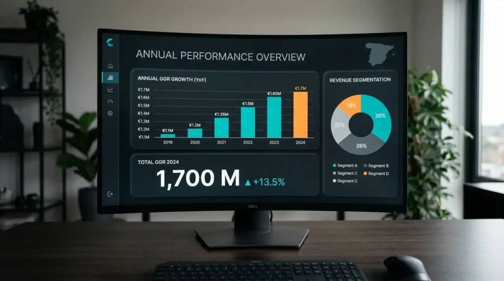 Panel analítico en una pantalla curva con gráficos de barras y líneas que muestran el crecimiento anual del mercado español del juego online