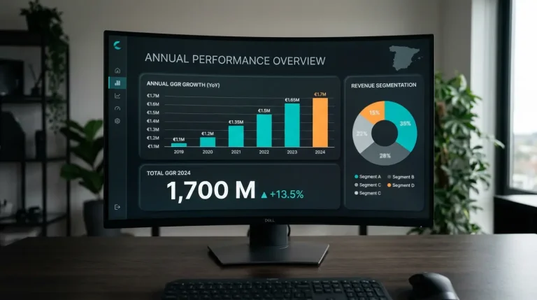 Panel analítico en una pantalla curva con gráficos de barras y líneas que muestran el crecimiento anual del mercado español del juego online