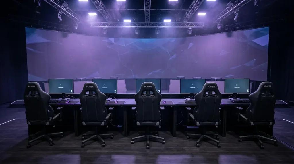 Cinco sillas gaming vacías en fila sobre un escenario competitivo iluminado con cinco monitores alineados sobre una mesa larga
