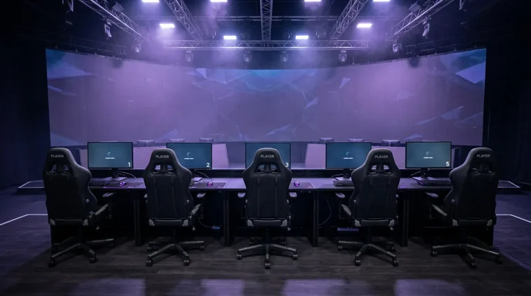 Cinco sillas gaming vacías en fila sobre un escenario competitivo iluminado con cinco monitores alineados sobre una mesa larga