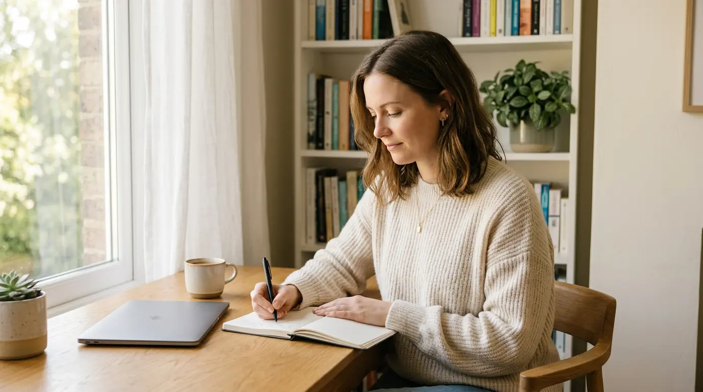 Persona revisando un cuaderno de notas con un ordenador al fondo, ambiente sereno