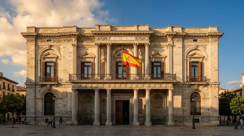 Sede institucional española con columnas clásicas y banderas que evoca el marco regulatorio de las apuestas