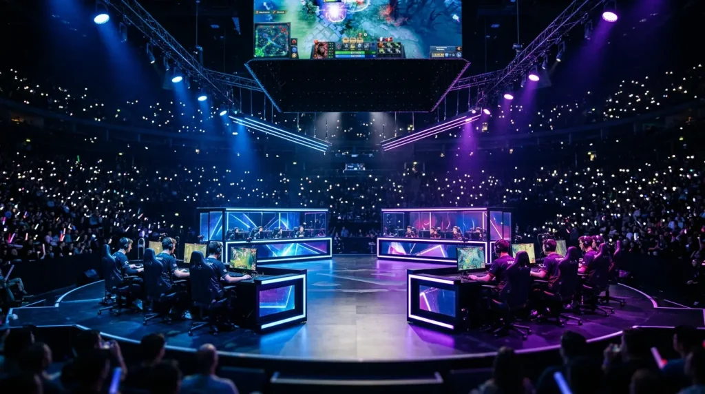 Escenario profesional de Dota 2 con luces de torneo iluminando el área de juego durante una serie competitiva