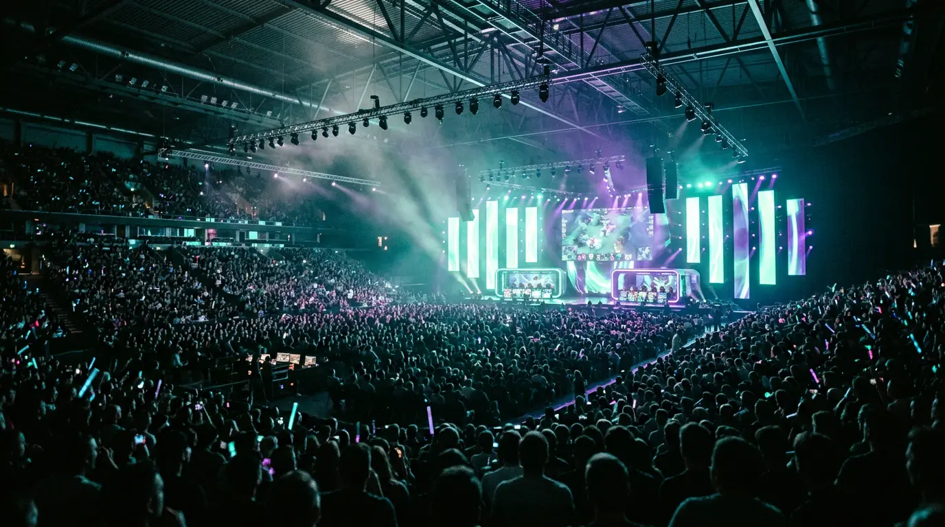Estadio lleno durante una final de The International de Dota 2 con escenario iluminado